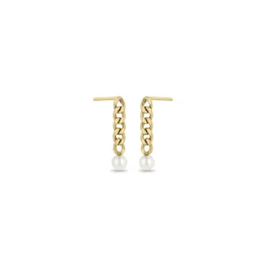 14k Tiny Pearl Small Curb Chain Drop Earrings