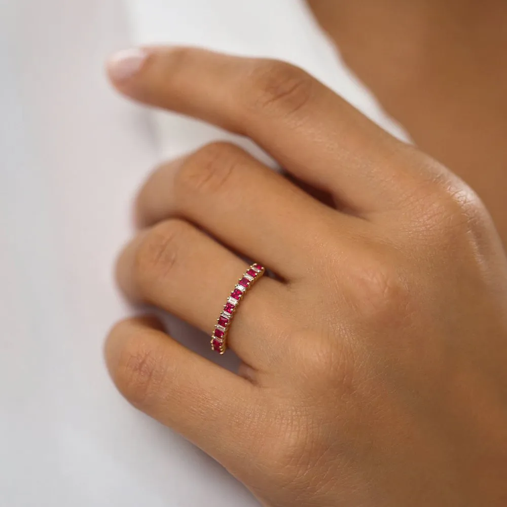 14k Unique Princess Cut Ruby and Baguette Diamond Ring