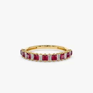 14k Unique Princess Cut Ruby and Baguette Diamond Ring