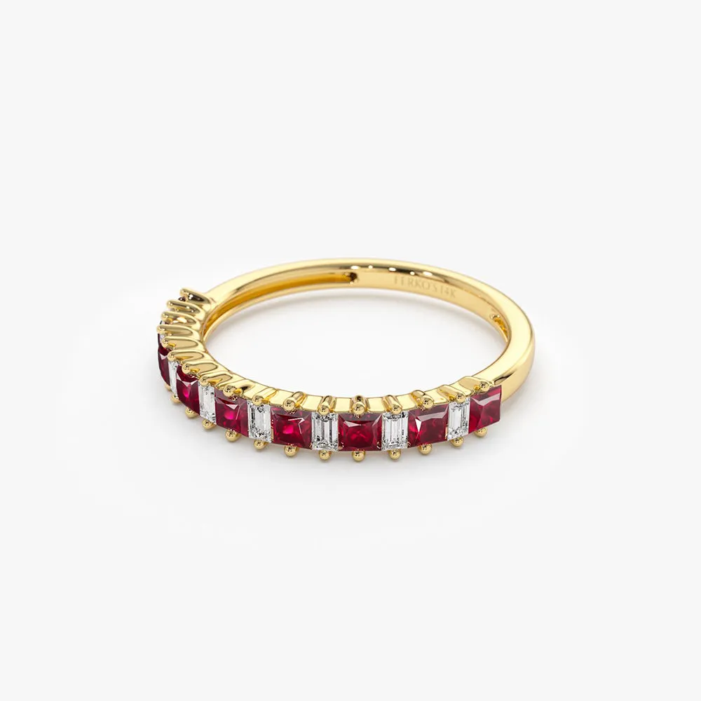 14k Unique Princess Cut Ruby and Baguette Diamond Ring
