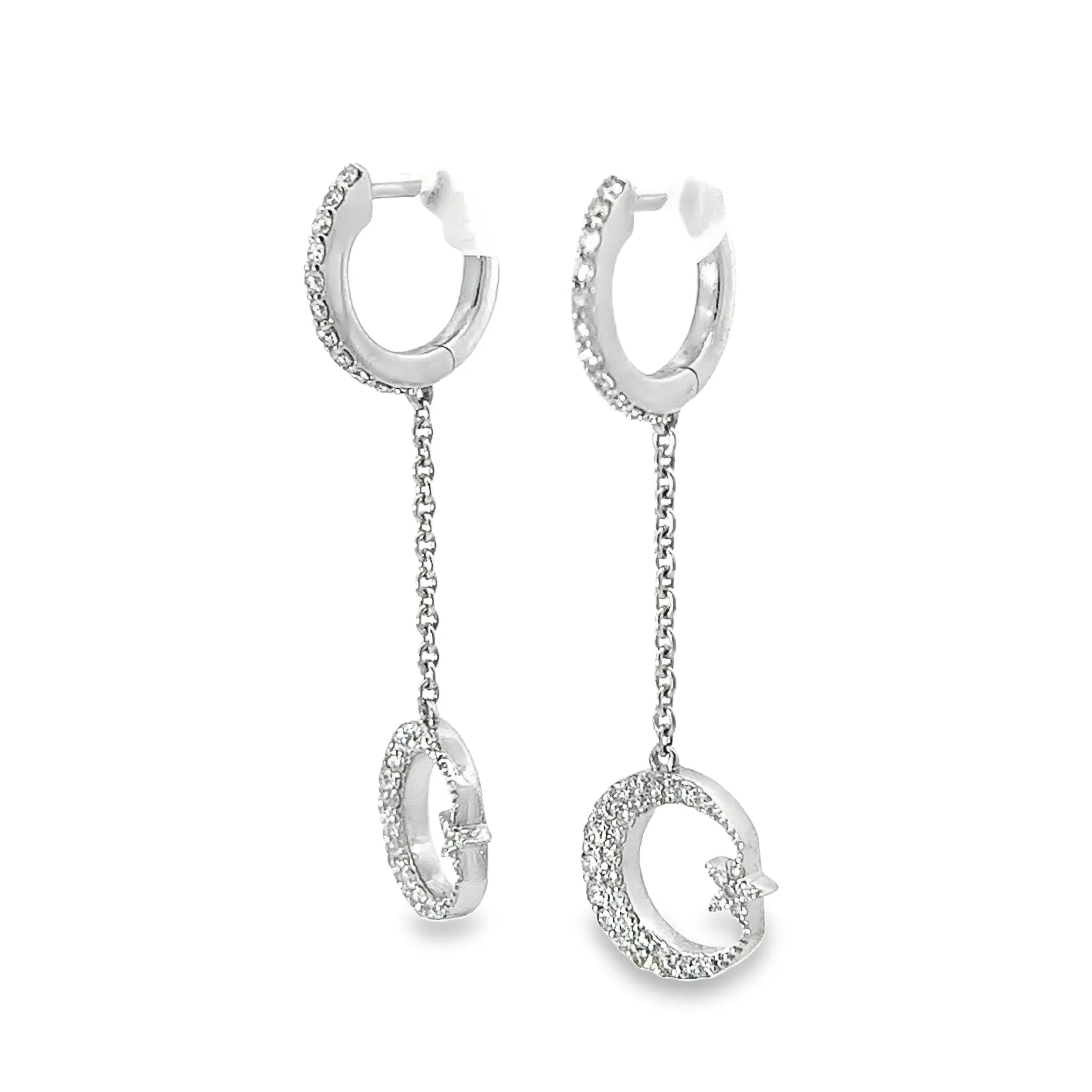 14k White Gold .75ct F VS2 Round Diamond Dangle Moon and Star Earrings