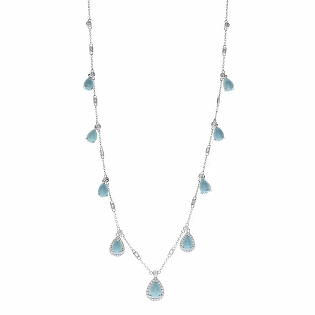 14k White Gold Pear Cut Aquamarine and Diamond Necklace