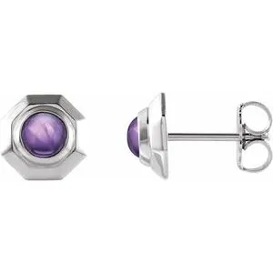 14K White Natural Amethyst Geometric Cabochon Earrings