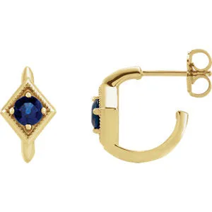 14K Yellow Blue Sapphire Geometric J-Hoop Earrings