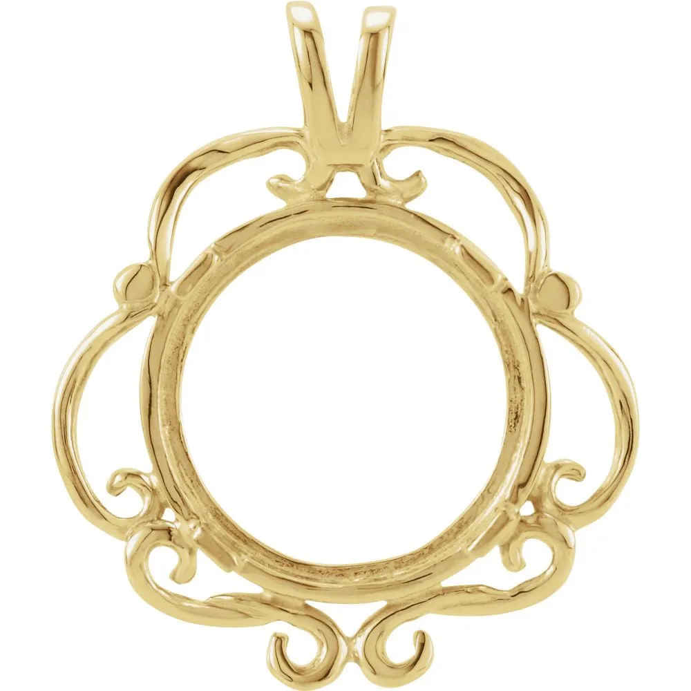 14k Yellow Gold 13x1mm Tab Back Scroll Coin Frame Pendant for U.S. $1.00 Type 1 or 2 Peso