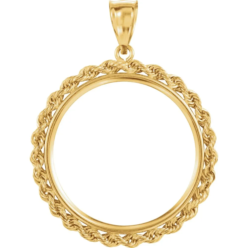 14k Yellow Gold 2.5mm Solid Rope Tab Back Frame Pendant for 1/2 Ounce American Eagle or 1/2 Ounce South African Rand Coin