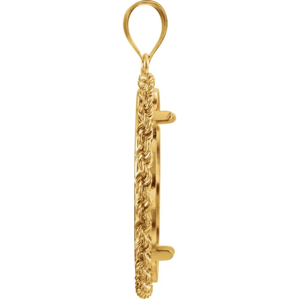 14k Yellow Gold 2.5mm Solid Rope Tab Back Frame Pendant for 1/2 Ounce American Eagle or 1/2 Ounce South African Rand Coin