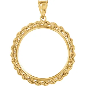 14k Yellow Gold 2.5mm Solid Rope Tab Back Frame Pendant for 1/2 Ounce American Eagle or 1/2 Ounce South African Rand Coin