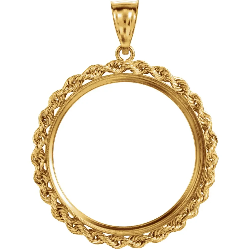 14k Yellow Gold 2.5mm Solid Rope Tab Back Frame Pendant for 1/2 Ounce American Eagle or 1/2 Ounce South African Rand Coin