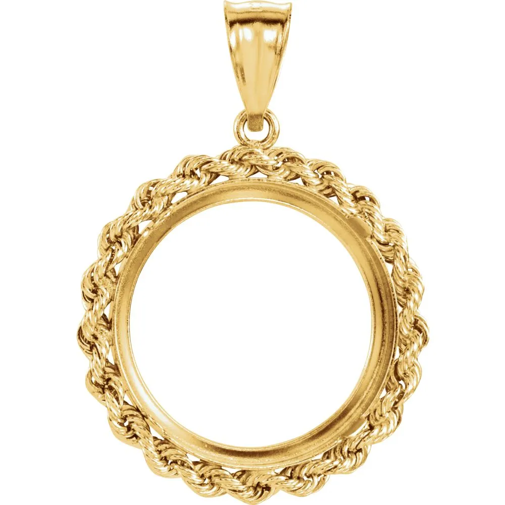 14k Yellow Gold 2.5mm Solid Rope Tab Back Frame Pendant for Canadian 1/4 Ounce Maple Leaf Coin