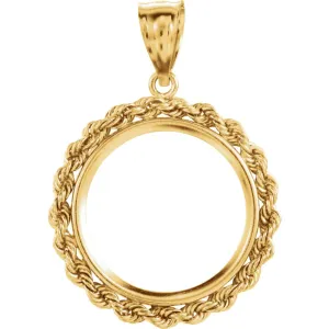 14k Yellow Gold 2.5mm Solid Rope Tab Back Frame Pendant for Canadian 1/4 Ounce Maple Leaf Coin
