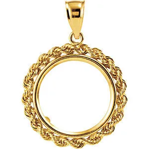 14k Yellow Gold 2.5mm Solid Rope Tab Back Frame Pendant for U.S. $2.50 or 1/10 Ounce Chinese Panda Coin