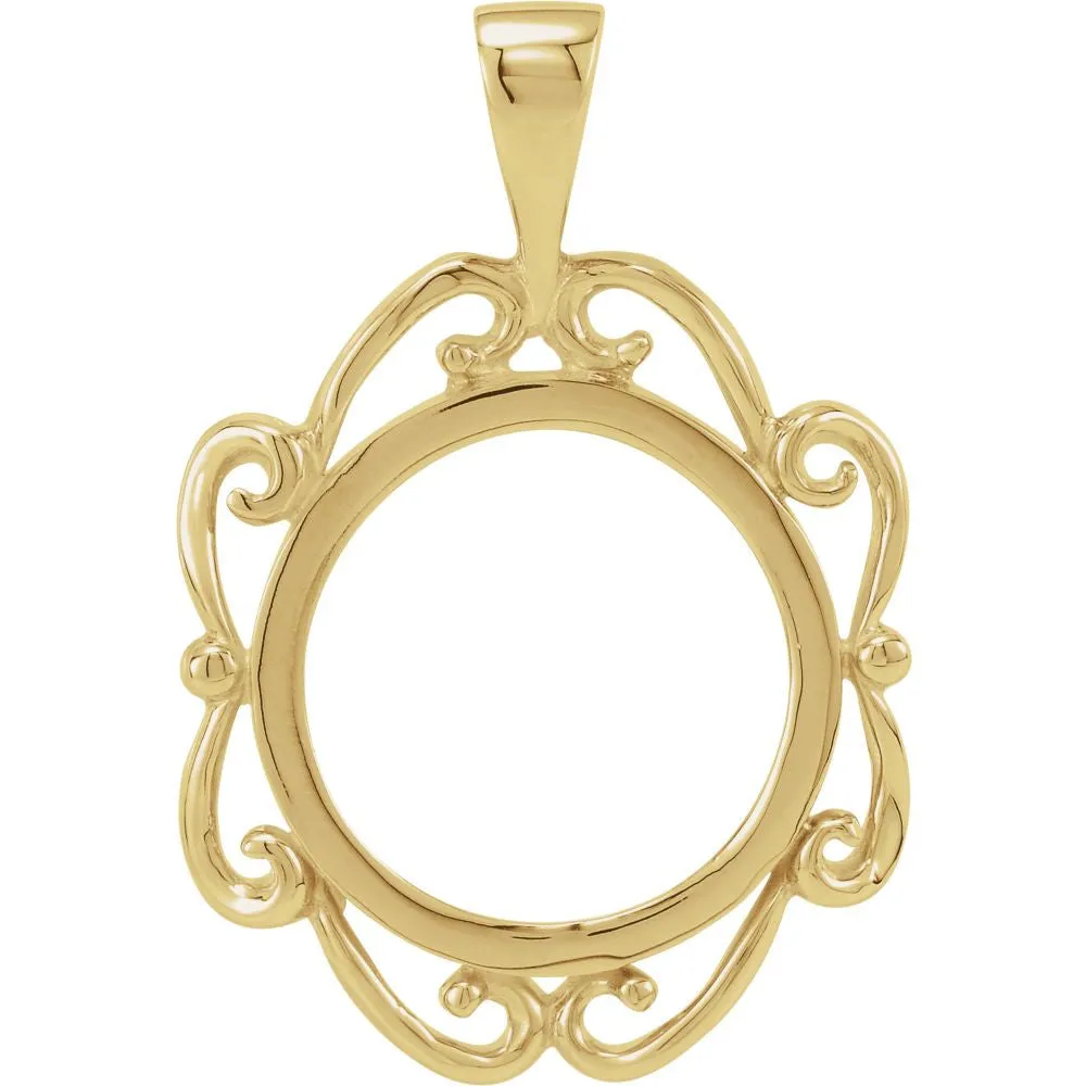 14k Yellow Gold Tab Back Scroll Frame Pendant for U.S. $1.00 Type 1 or 2 Peso Coin