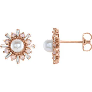 14KT Rose Gold Akoya Pearl, White Opal   1/6 Carat Diamond Stud Earrings