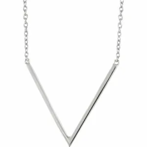 14KT White Gold Polished "V" Geometric Pendant Chain Necklace