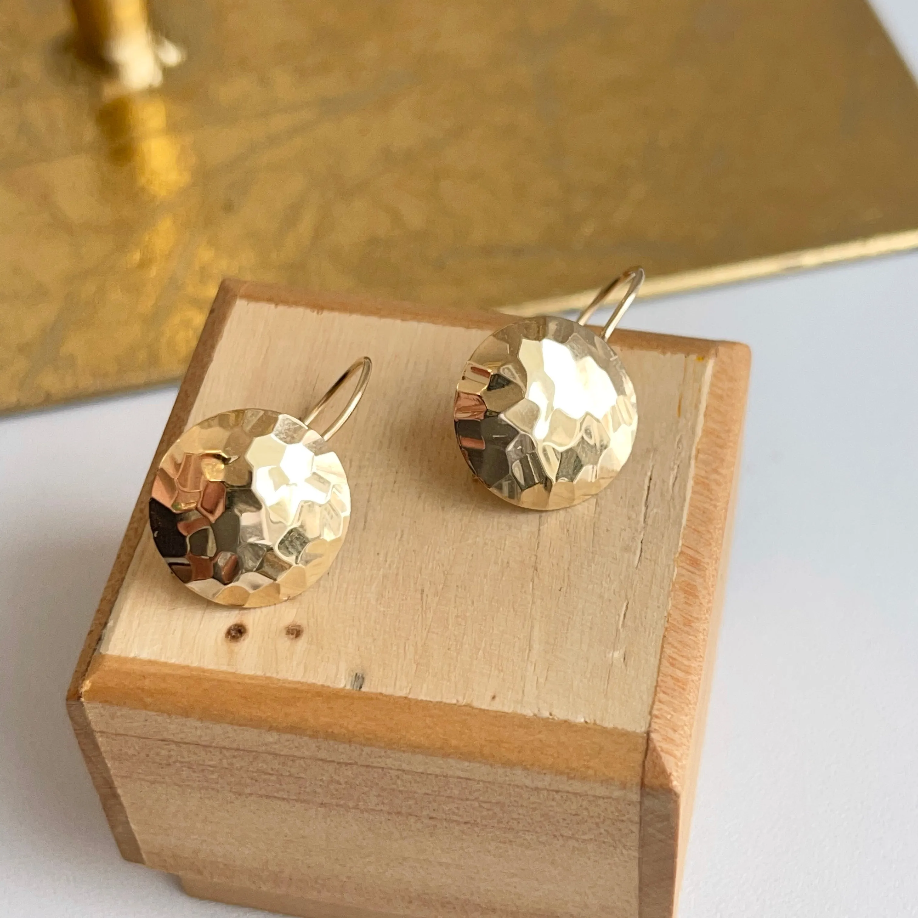 14KT Yellow Gold Hammered Disc Drop Earrings