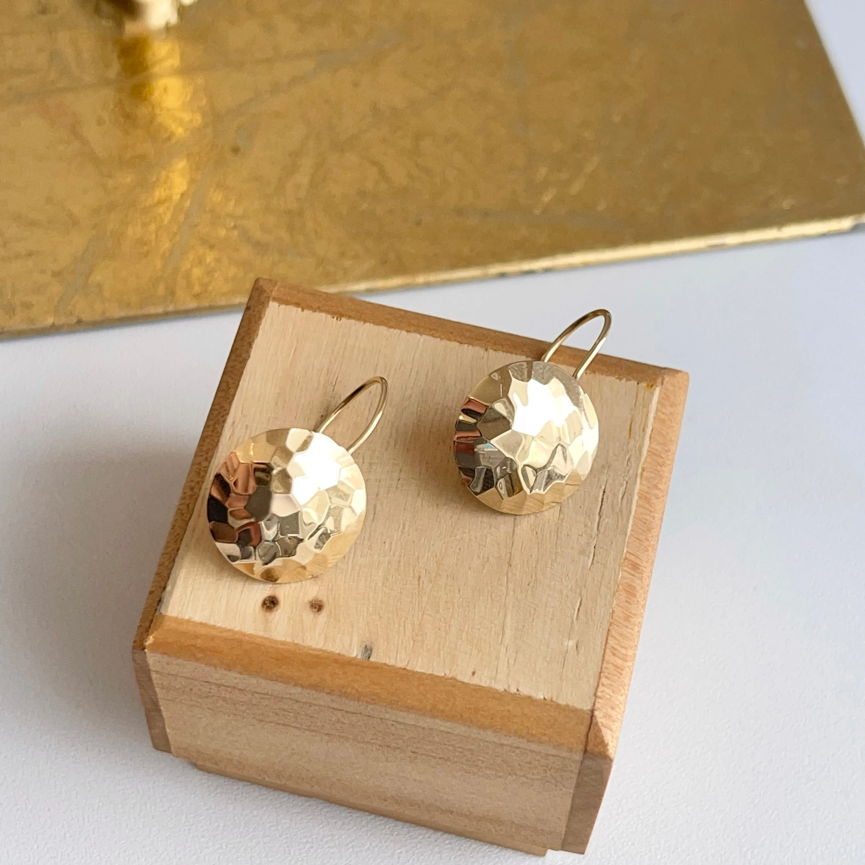 14KT Yellow Gold Hammered Disc Drop Earrings