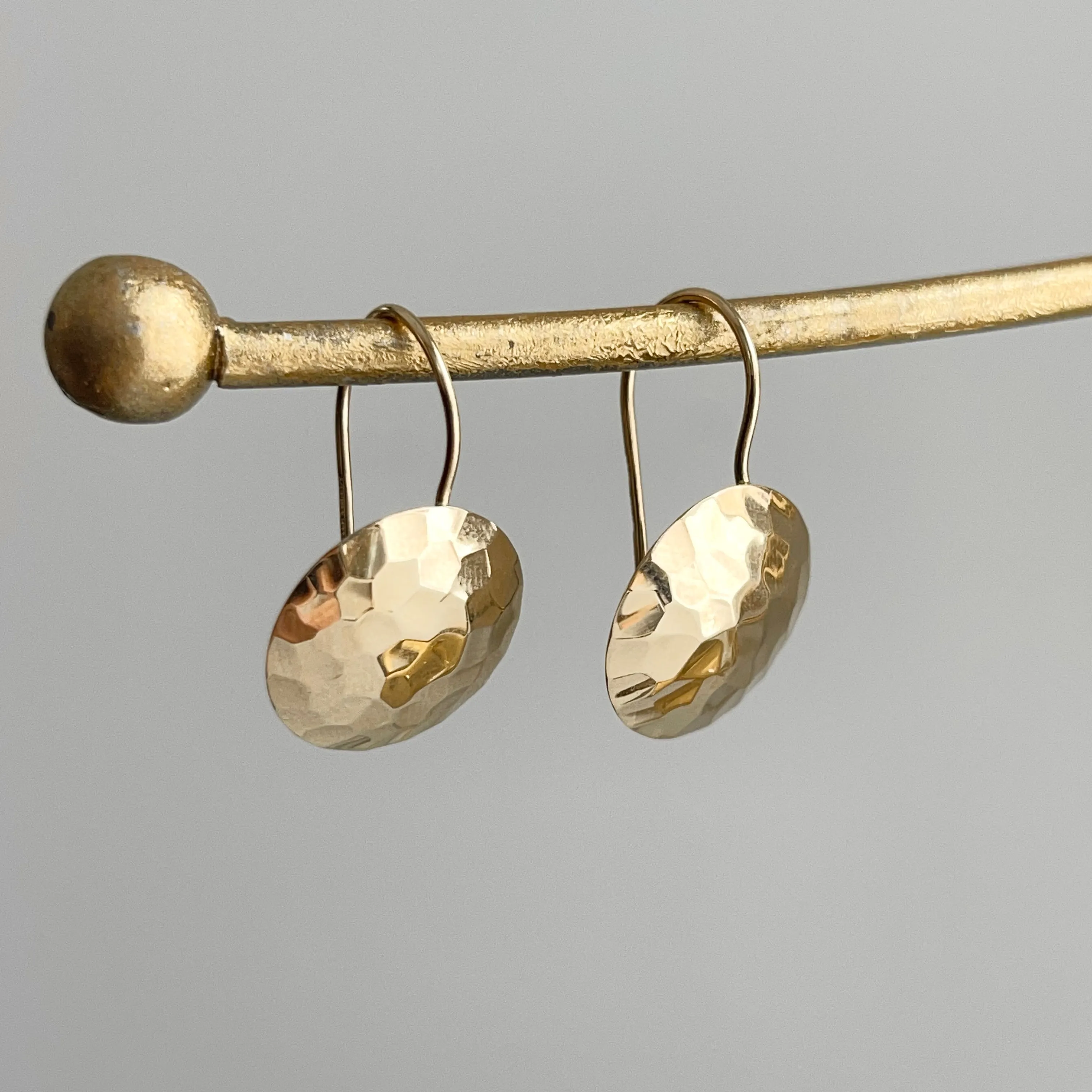 14KT Yellow Gold Hammered Disc Drop Earrings
