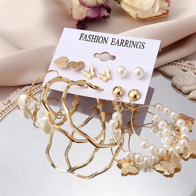 17KM Vintage Pearl Earrings For Women Big Gold Cross Set of Earrings Long Tassel Butterfly Dangle Drop Earrings 2022 Jewelry
