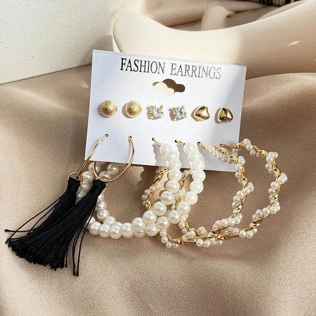 17KM Vintage Pearl Earrings For Women Big Gold Cross Set of Earrings Long Tassel Butterfly Dangle Drop Earrings 2022 Jewelry