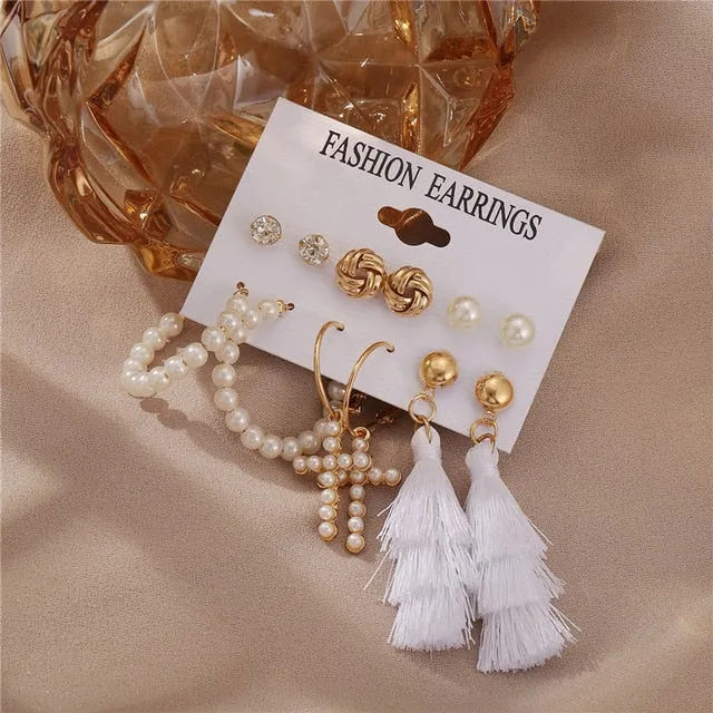 17KM Vintage Pearl Earrings For Women Big Gold Cross Set of Earrings Long Tassel Butterfly Dangle Drop Earrings 2022 Jewelry
