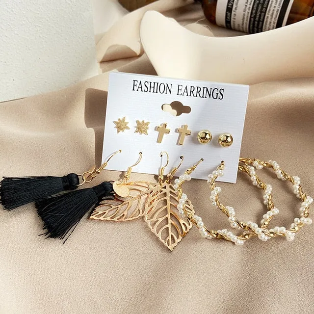 17KM Vintage Pearl Earrings For Women Big Gold Cross Set of Earrings Long Tassel Butterfly Dangle Drop Earrings 2022 Jewelry