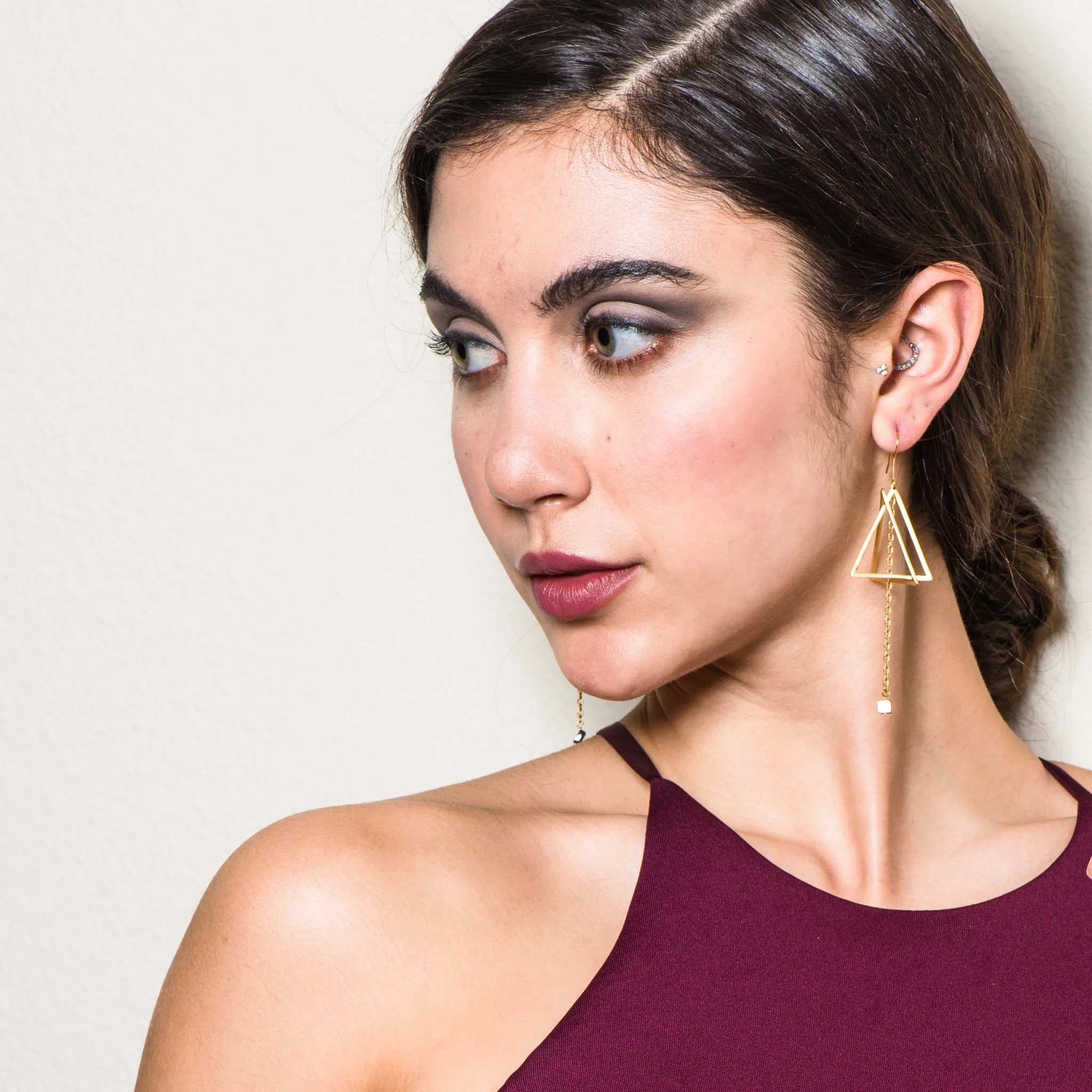 18K Gold-Plated and Garnet Double Triangle Dangle Earrings