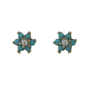 18K Gold Small Turquoise and Pearl Flower Screwback Earrings