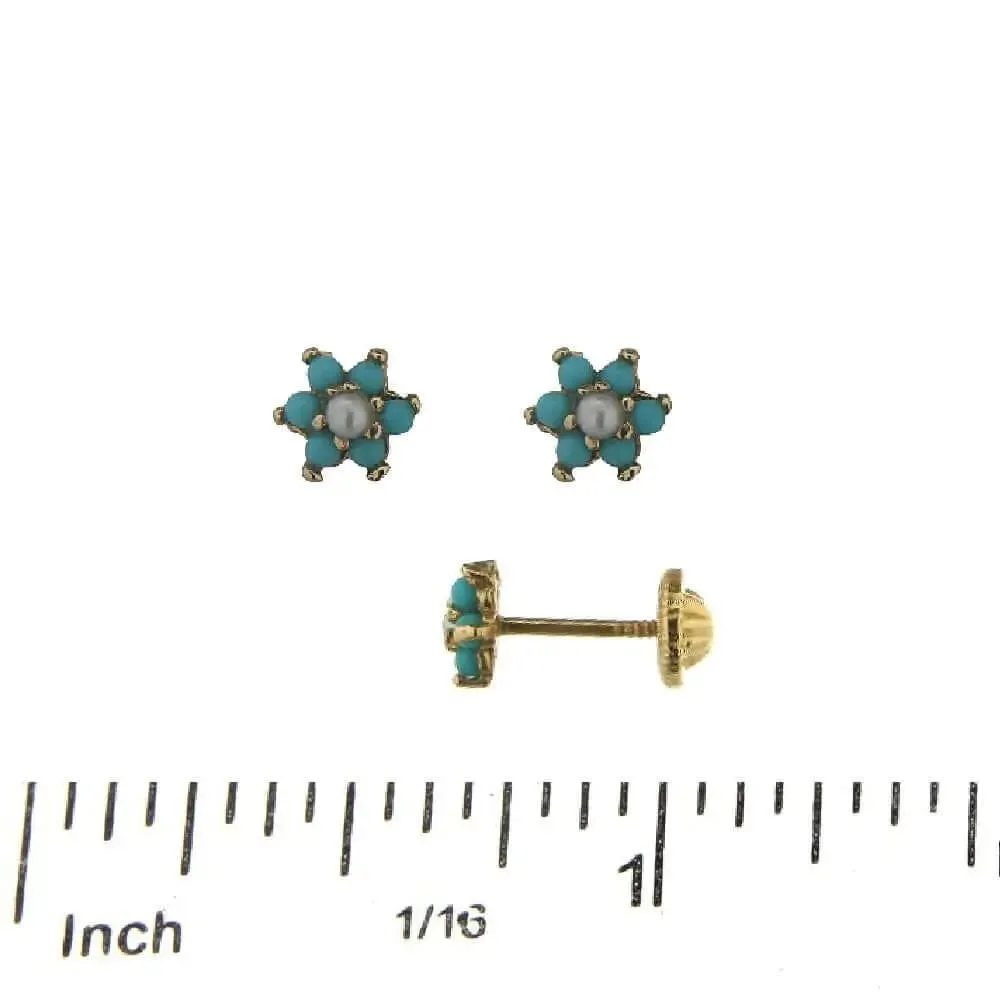 18K Gold Small Turquoise and Pearl Flower Screwback Earrings