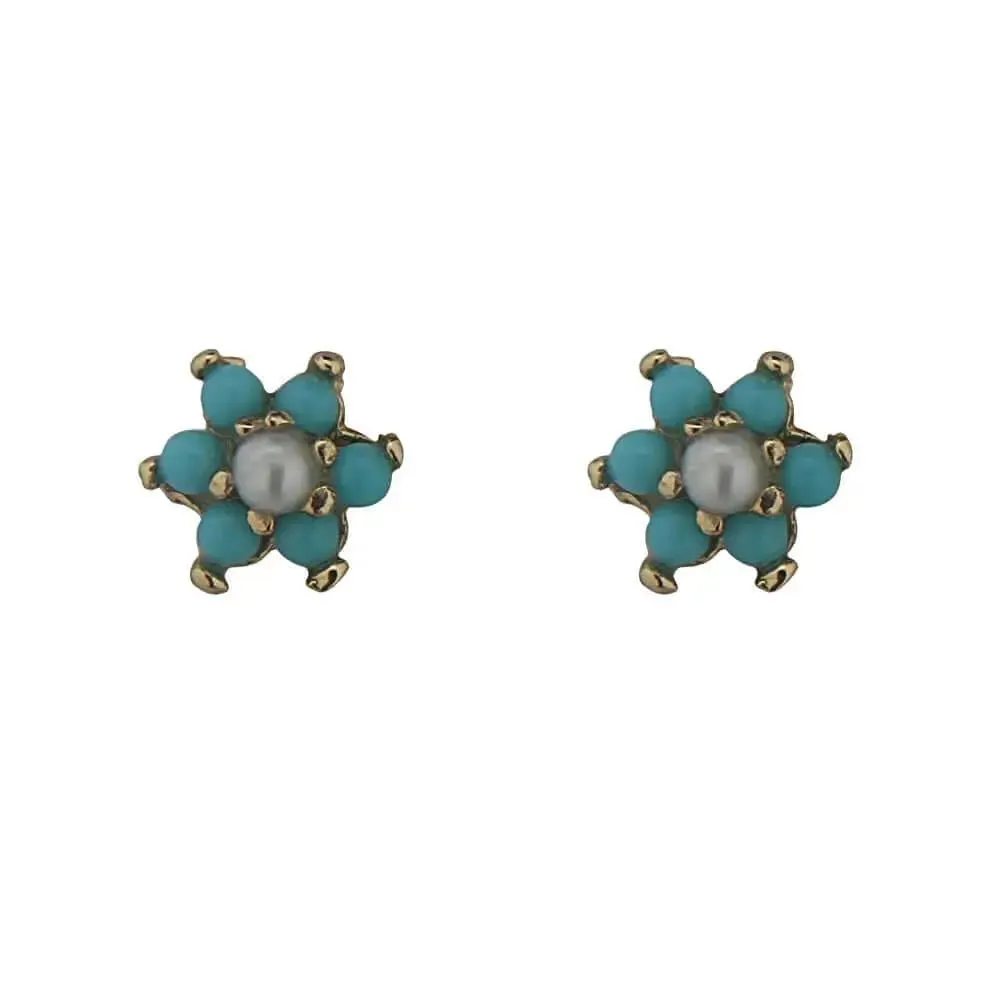 18K Gold Small Turquoise and Pearl Flower Screwback Earrings
