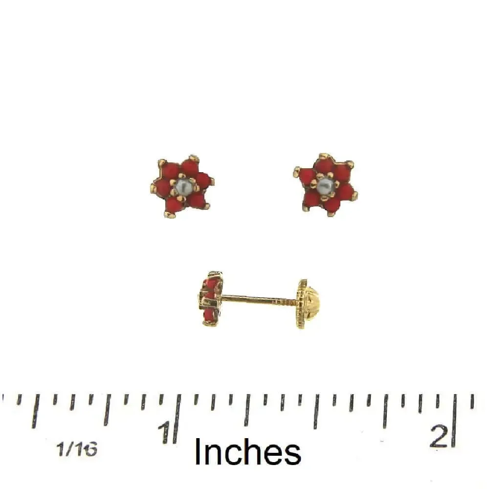 18K Solid Gold Small Coral and Pearl Screwback Earrings