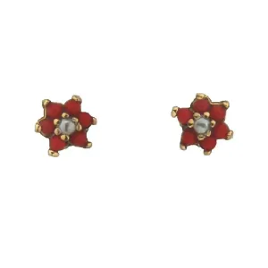 18K Solid Gold Small Coral and Pearl Screwback Earrings