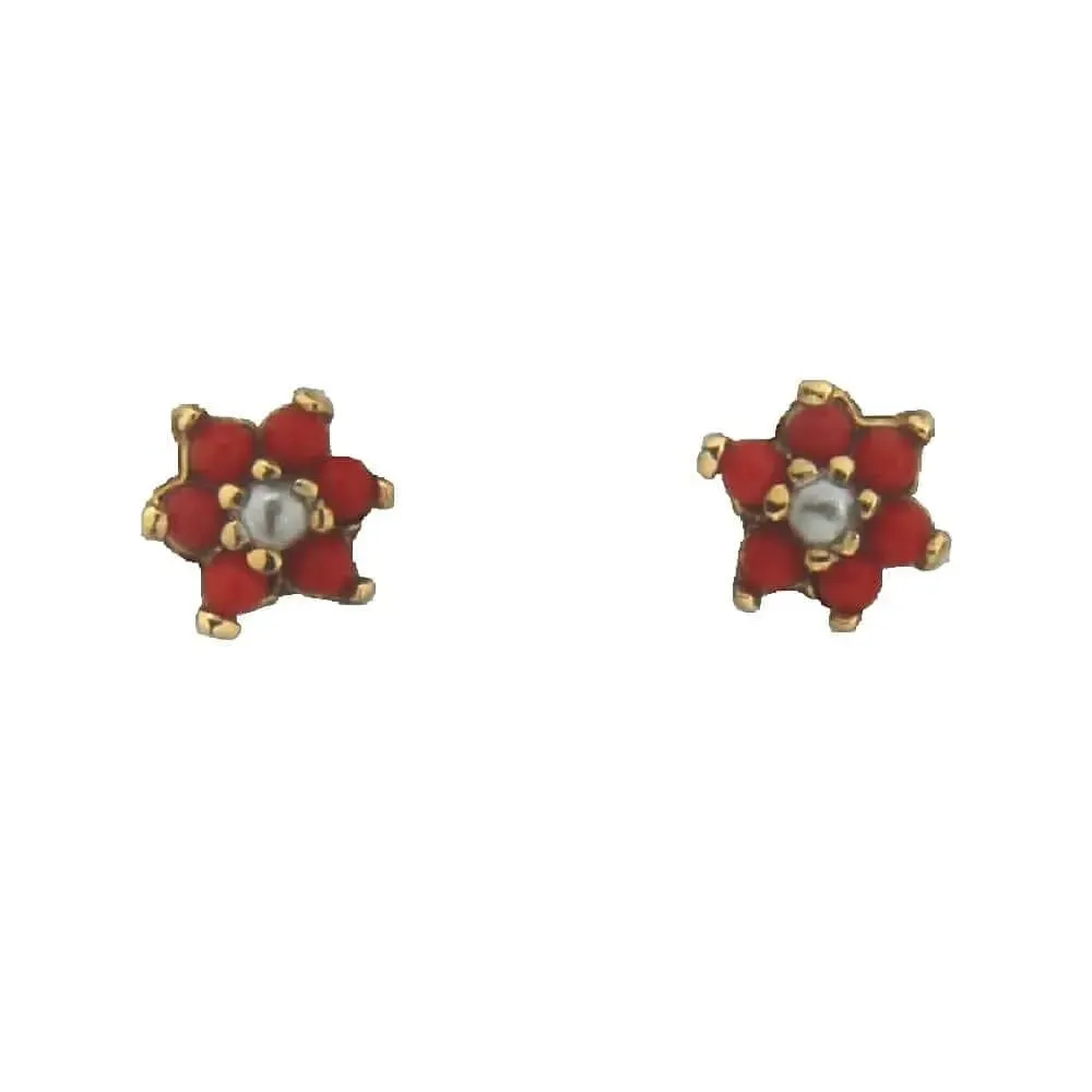 18K Solid Gold Small Coral and Pearl Screwback Earrings