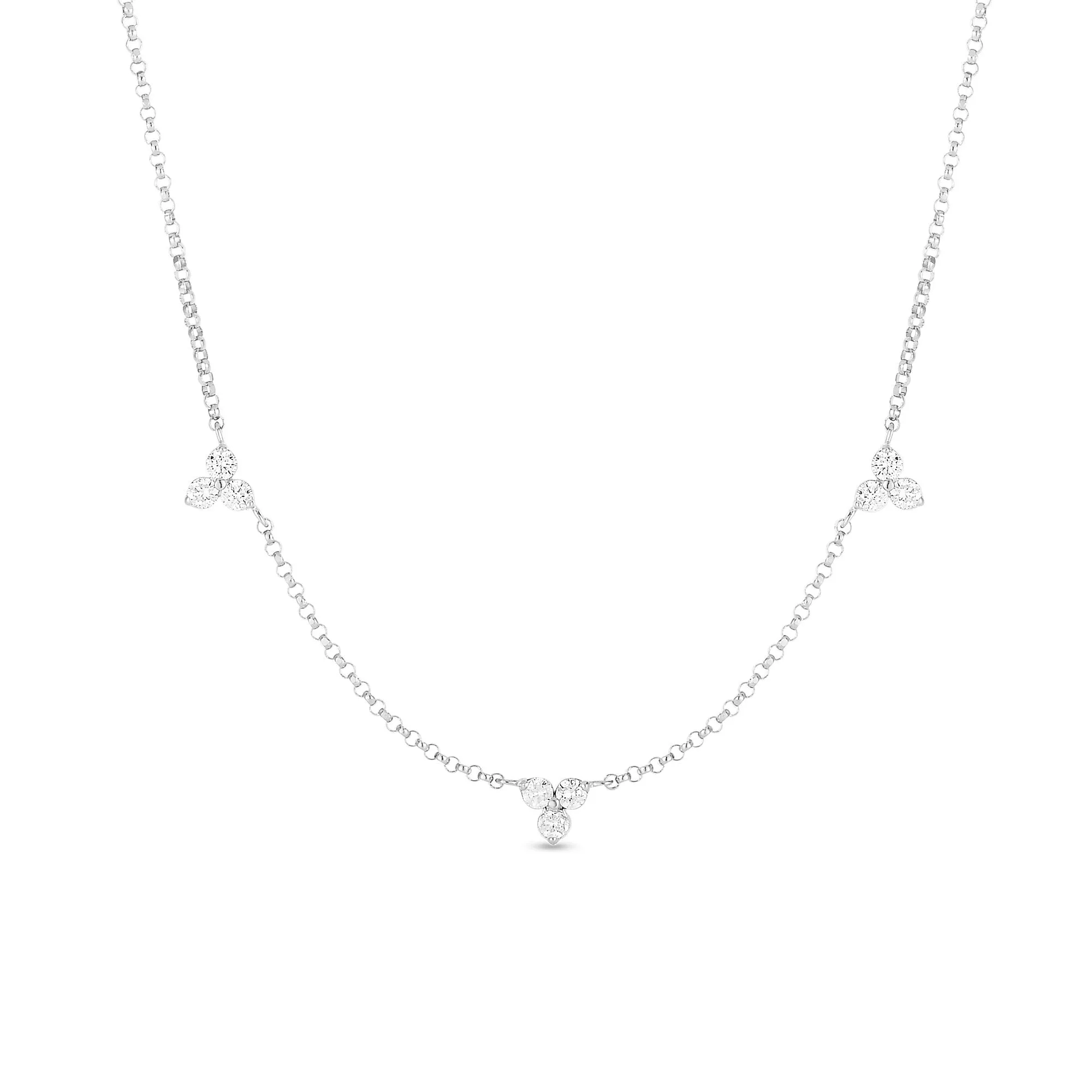 18K WHITE GOLD DIAMONDS BY THE INCH 3 STATION FLOWER NECKLACE