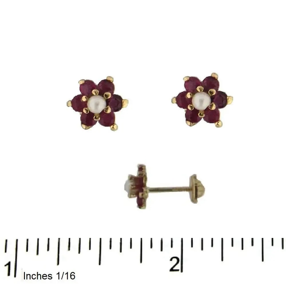 18K Yellow Gold Ruby and Pearl Flower Screwback Earrings