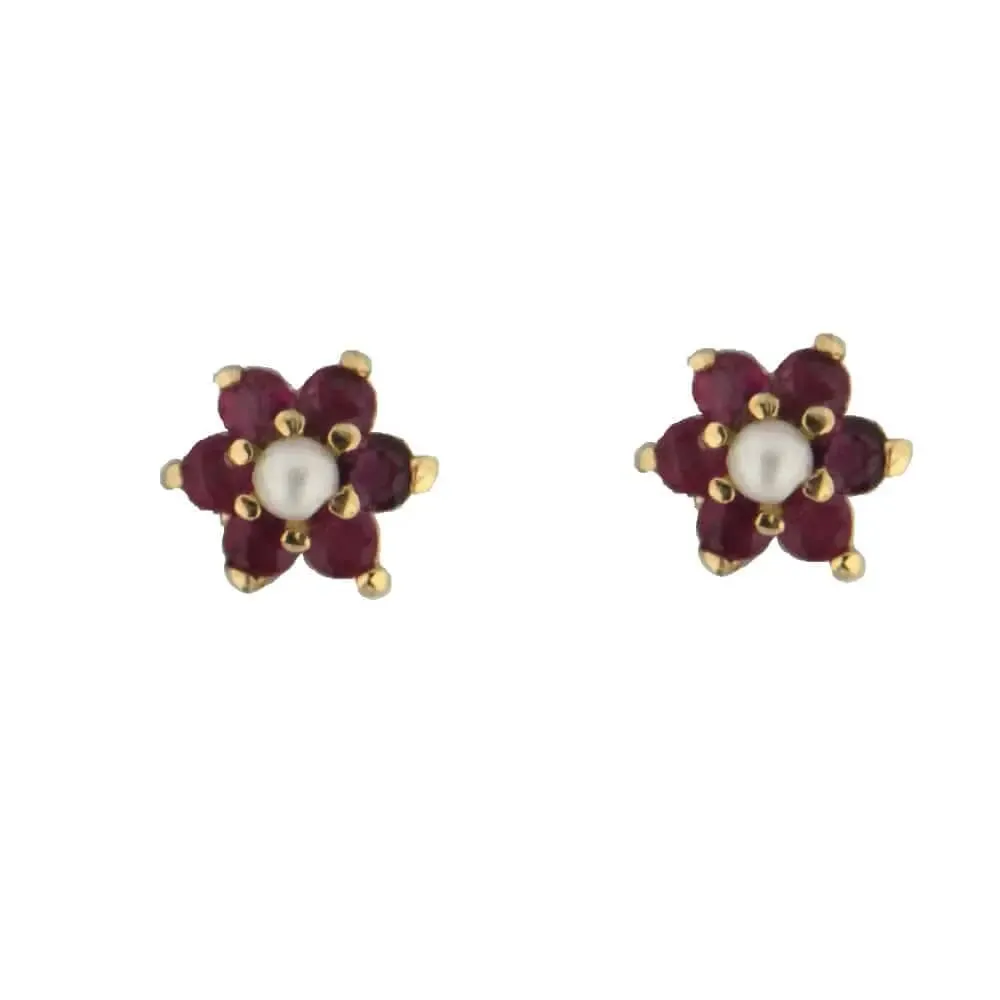 18K Yellow Gold Ruby and Pearl Flower Screwback Earrings