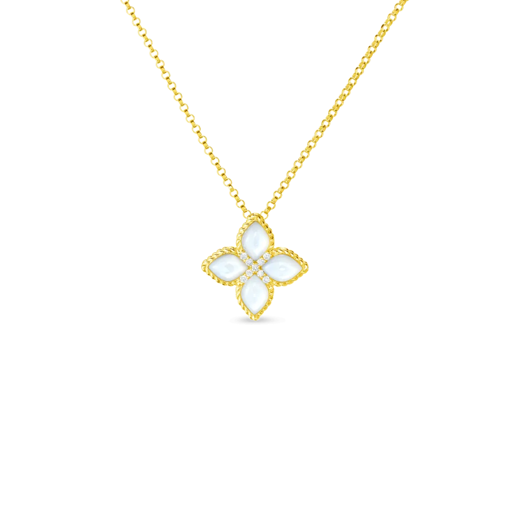 18K Yellow Gold Venetian Princess Mother of Pearl & Diamond Medium Flower Necklace
