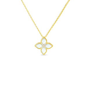18K Yellow Gold Venetian Princess Mother of Pearl & Diamond Medium Flower Necklace