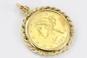 1903 Five Dollar Half Eagle US Gold Coin Braided Bezel Pendant