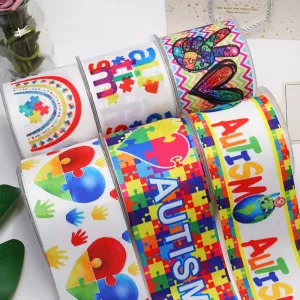 1" Autism Awareness Ribbon - DIY Printed Grosgrain Craft Material - Cartoon Pattern