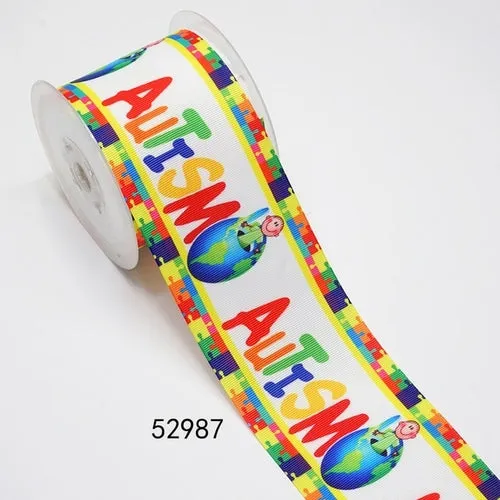 1" Autism Awareness Ribbon - DIY Printed Grosgrain Craft Material - Cartoon Pattern