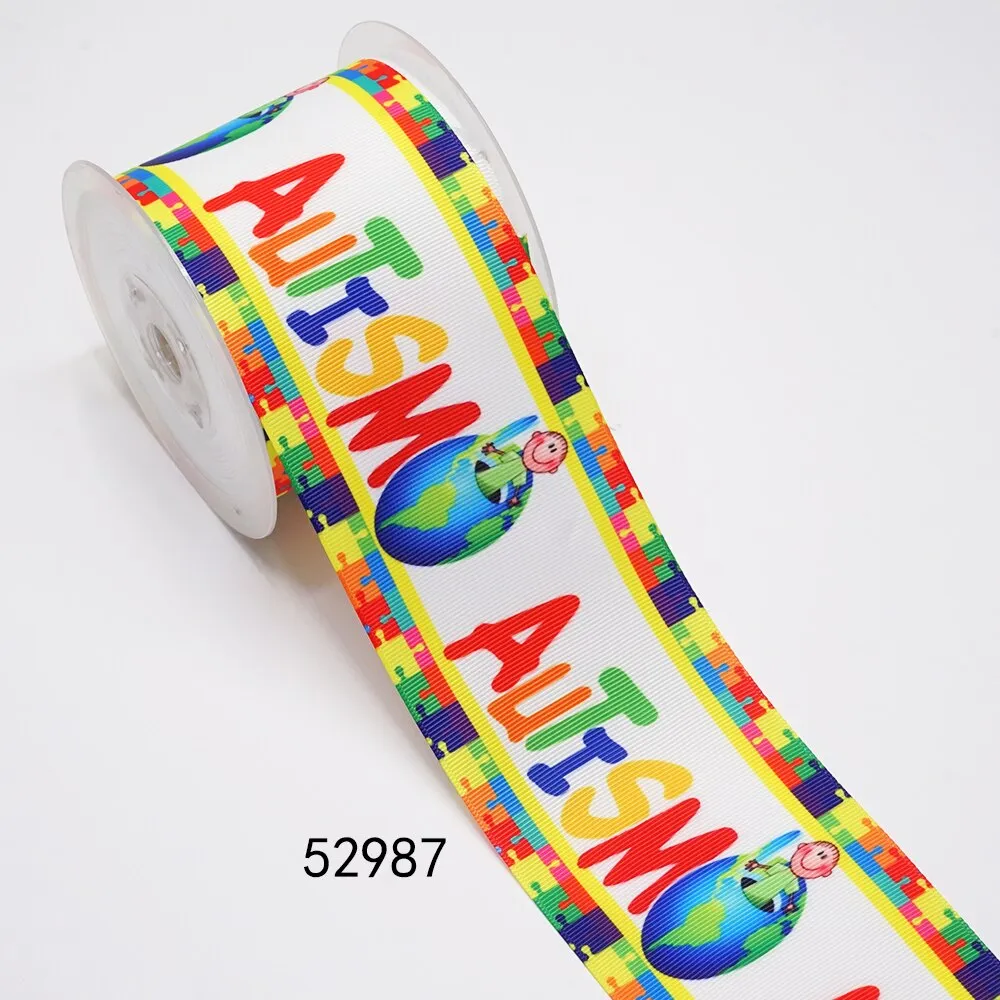 1" Autism Awareness Ribbon - DIY Printed Grosgrain Craft Material - Cartoon Pattern