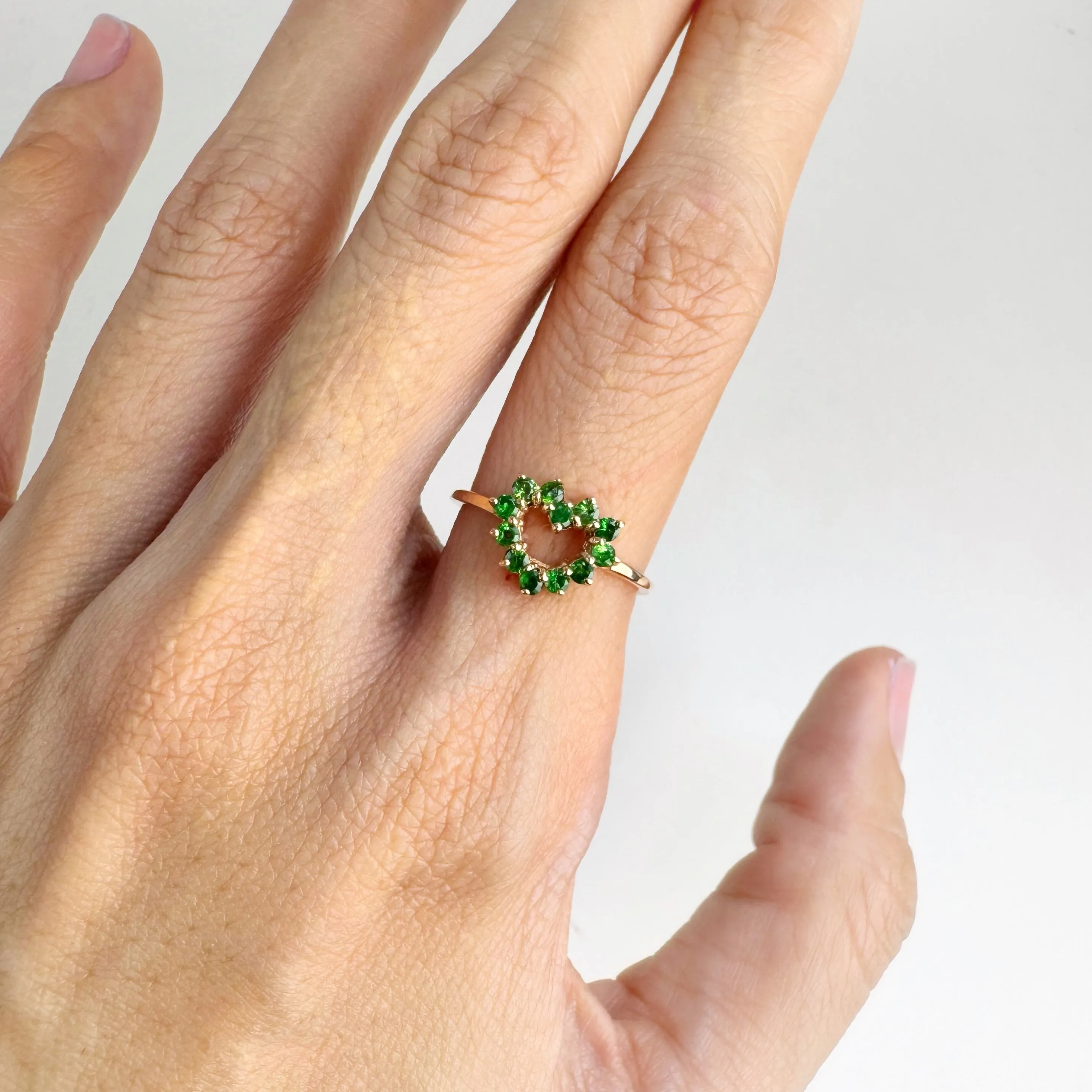 2 mm. Round Cut Green African Tsavorite Garnet Heart Ring (Blemished)