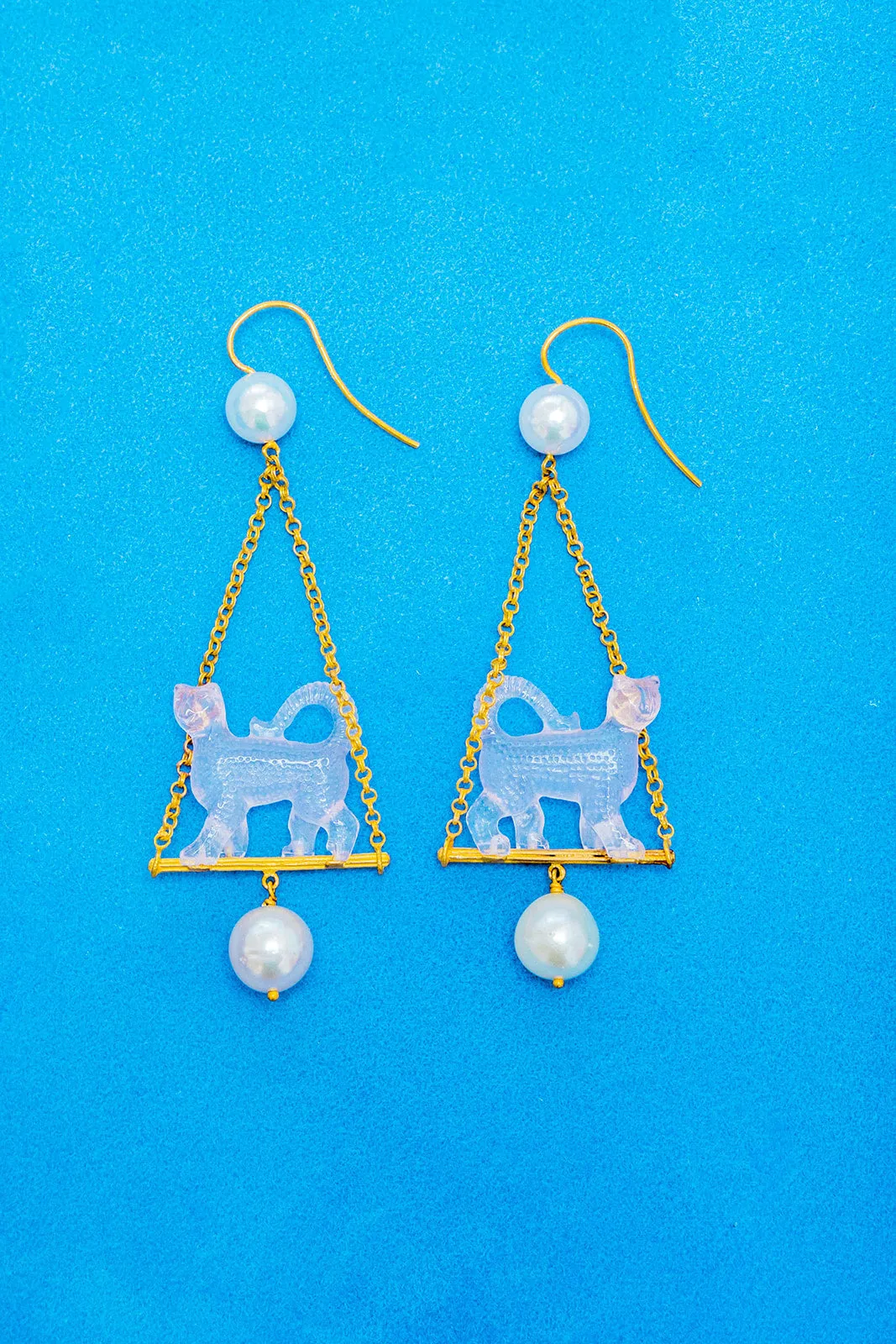 22K Yellow Gold Renaissance Guepard Rose Quartz and Pearl Earrings