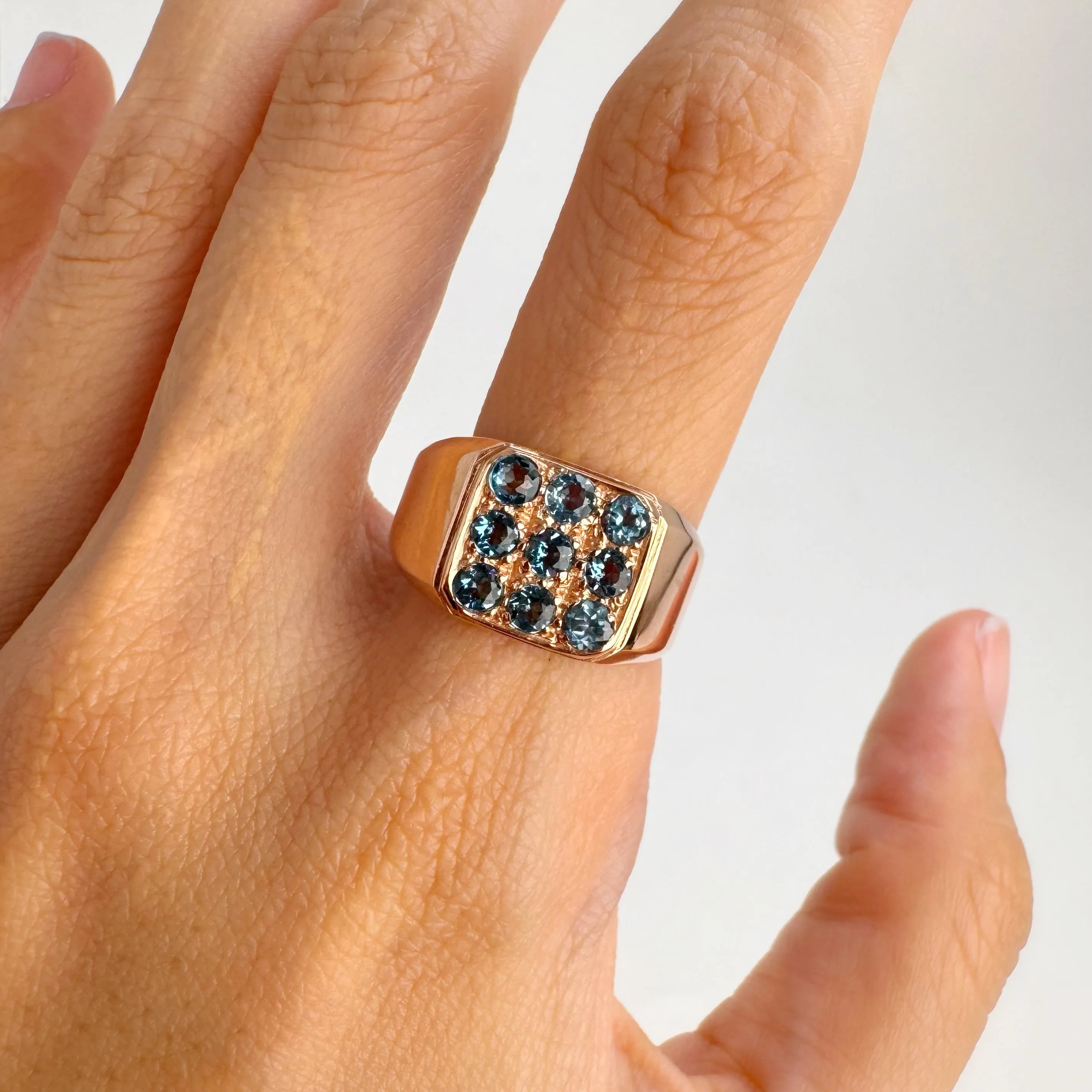 3 mm. Round Cut London Blue Brazilian Topaz Cluster Ring