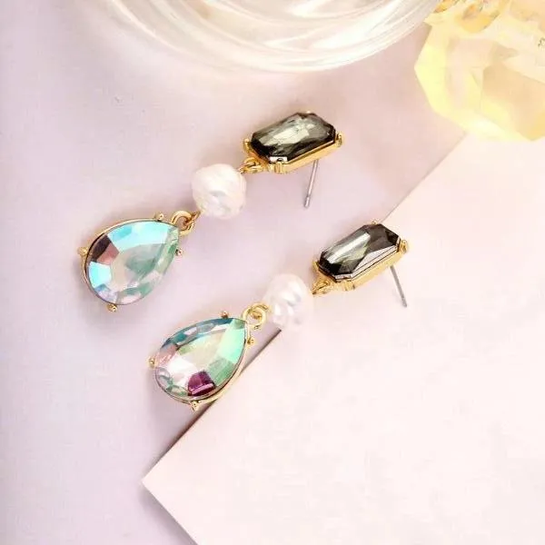 3 Stone Faux Pearl Crystal Dangle Earrings