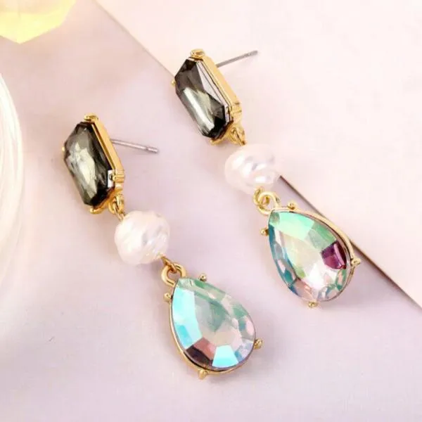 3 Stone Faux Pearl Crystal Dangle Earrings