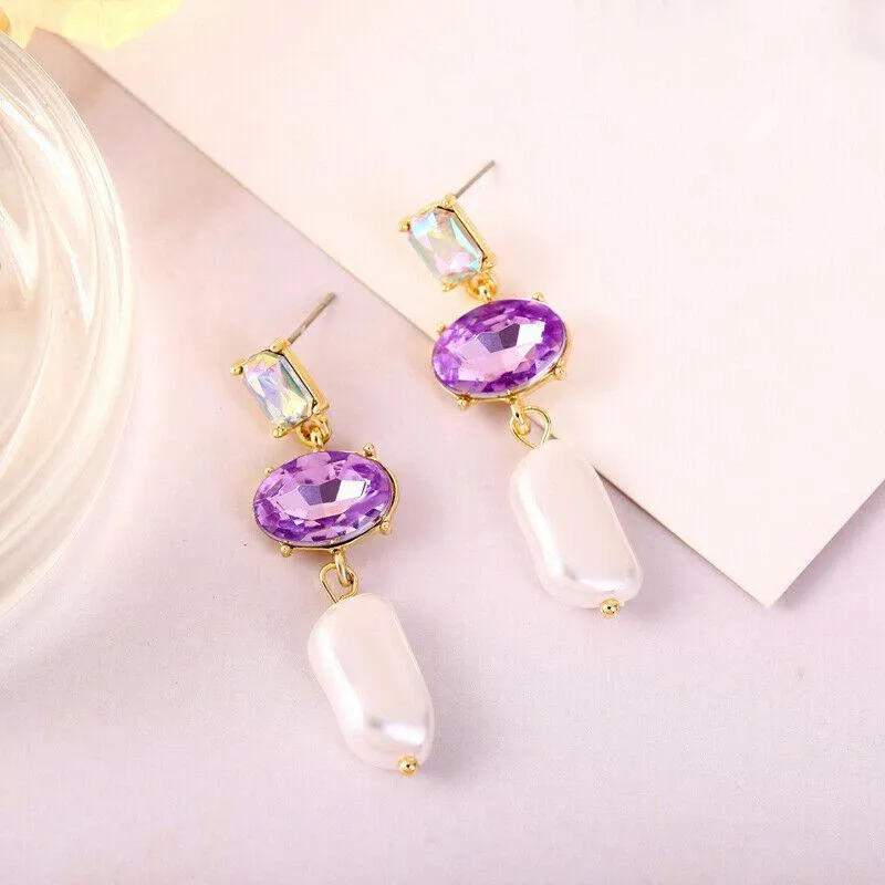3 Stone Purple Oval Cut Rhinestone Faux Pearl Dangle Earrings