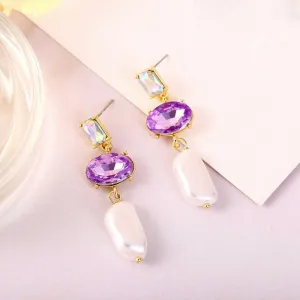 3 Stone Purple Oval Cut Rhinestone Faux Pearl Dangle Earrings