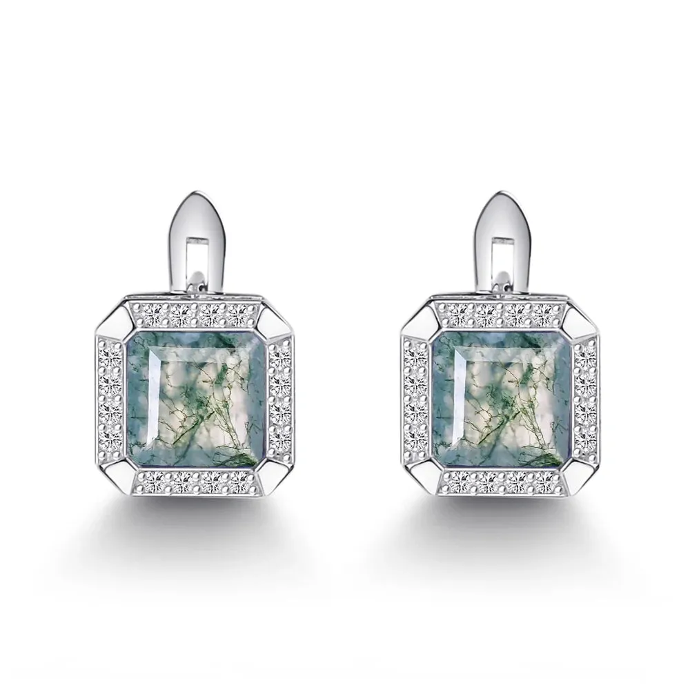3.77Ct Natural Moss Agate Clip Earrings in 925 Sterling Silver – Fine Jewelry